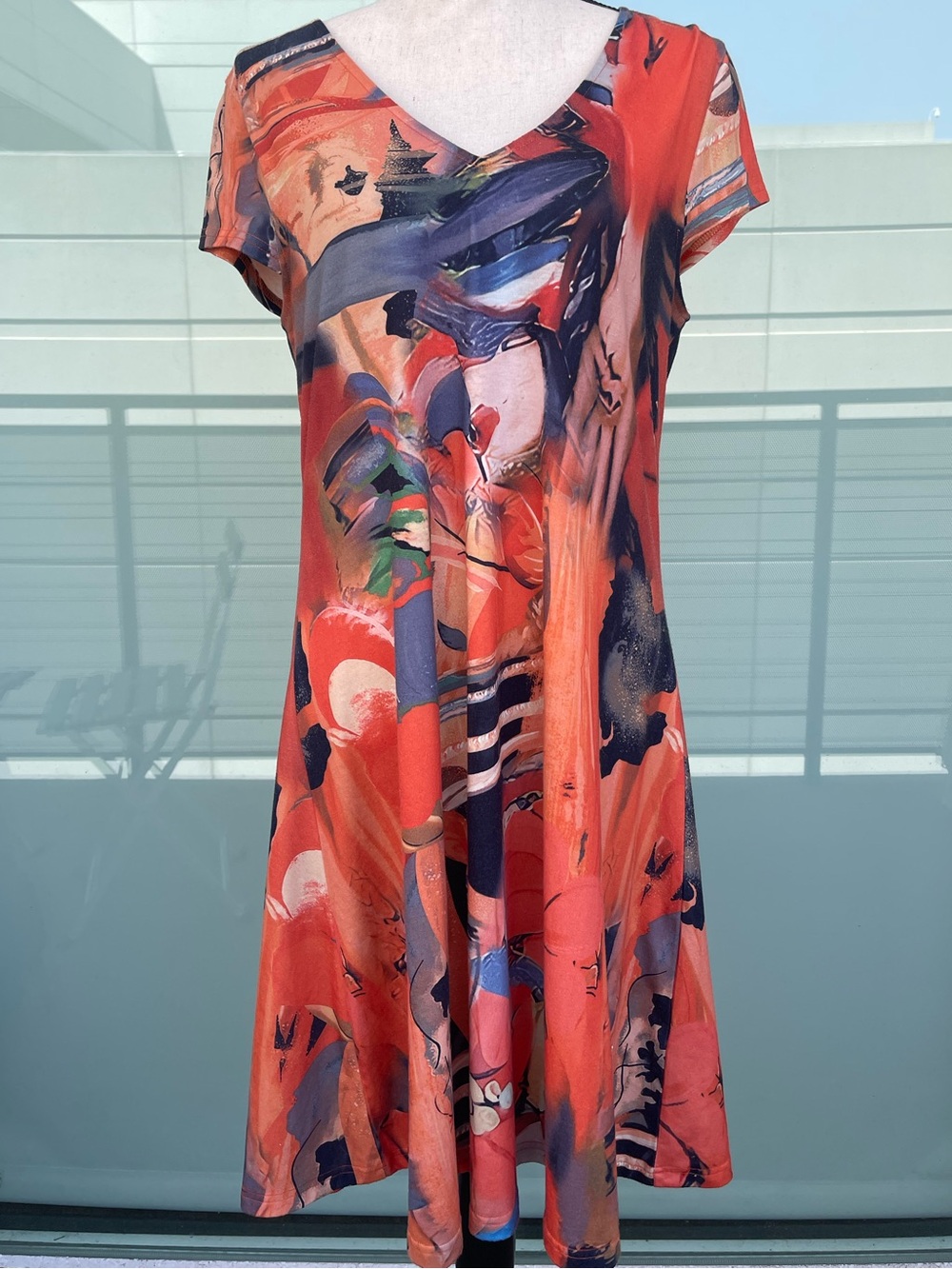 Love Exclusive Abstract Orange V-Neck Swing Dress Large